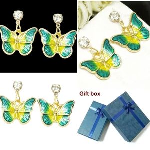 Gold plated crystal green and yellow butterfly drop earrings with silver post